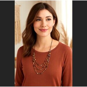 J. Jill Multi-Strand Tiger’s Eye Cascading Cord Necklace Glass Beaded Adjustable